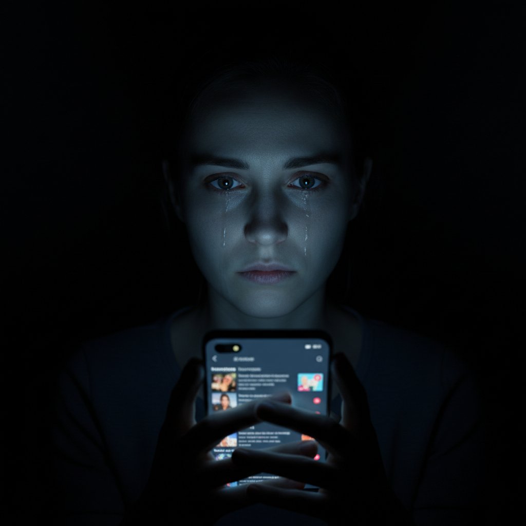 Osoba patrząca bez wyrazu na ekran telefonu, wokół ciemność, symbol emocjonalnej pustki online