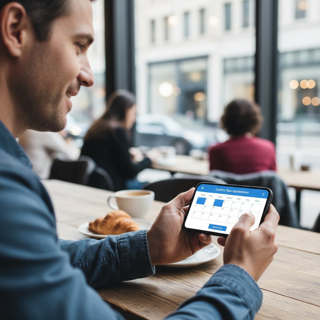 Osoba korzystająca ze smartfona podczas rezerwacji wizyty online w nowoczesnej przestrzeni