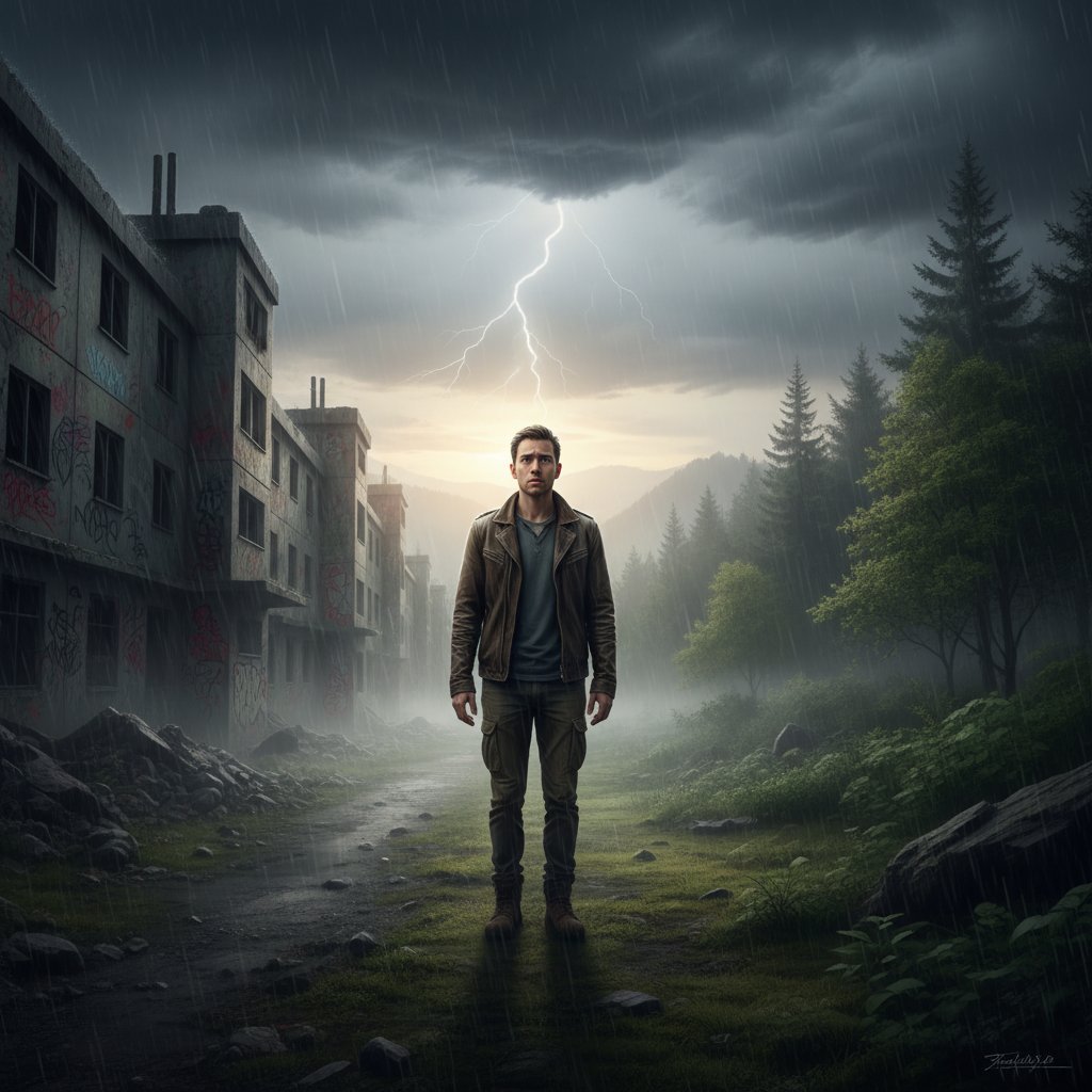 Osoba stojąca na granicy dwóch światów – miejskiego i wiejskiego, niepewna, ale zdeterminowana