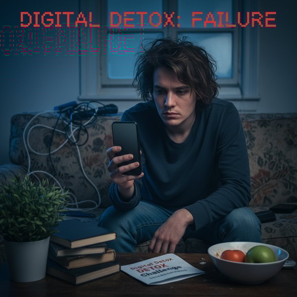 Osoba wyraźnie znudzona patrzy na wyłączony telefon, próba cyfrowego detoksu