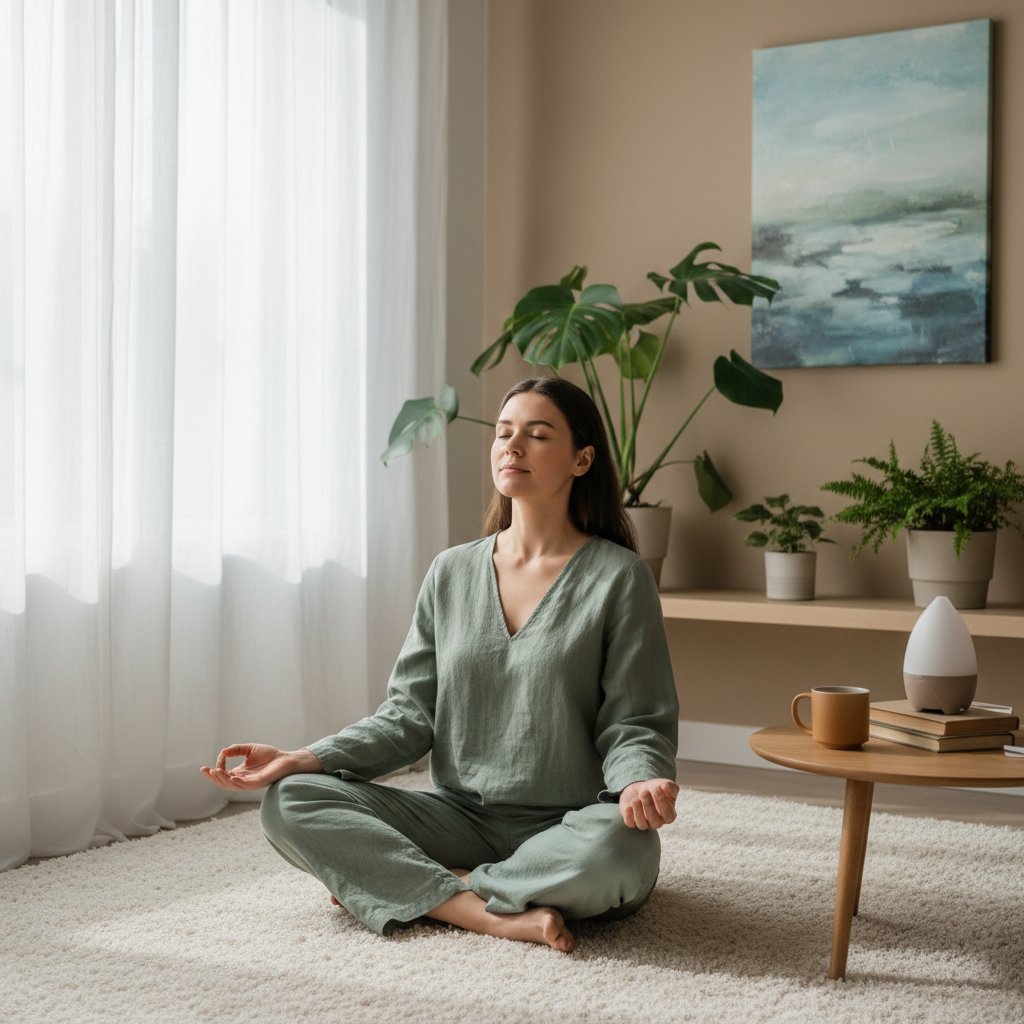 Osoba siedząca na macie, wykonująca ćwiczenia oddechowe w jasnym pomieszczeniu – spokój, koncentracja, relaks.