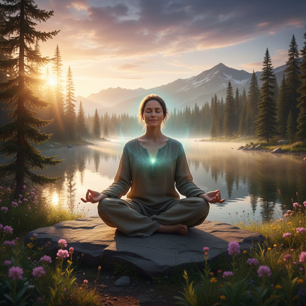 Osoba wykonująca ćwiczenia oddechowe na łonie natury, symbol codziennych technik równowagi