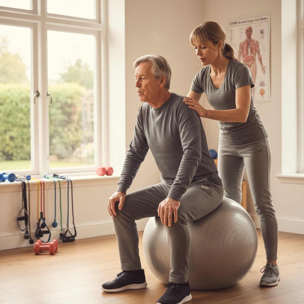 Zdjęcie osoby wykonującej ćwiczenia oddechowe z fizjoterapeutą – słowa kluczowe: rehabilitacja oddechowa, wsparcie POChP, fizjoterapia