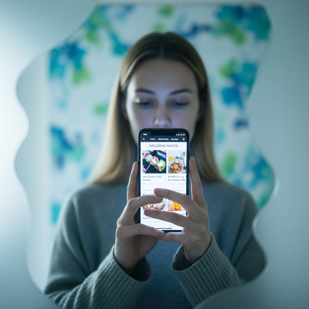 Osoba przeglądająca zdrowotne newsy na smartfonie, zniekształcone odbicie ekranu