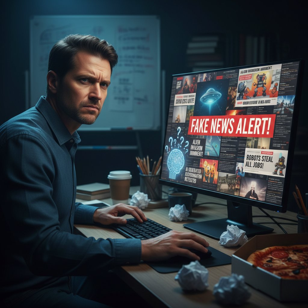 Człowiek przeglądający internetowe fake newsy na temat AI – ilustracja dezinformacji