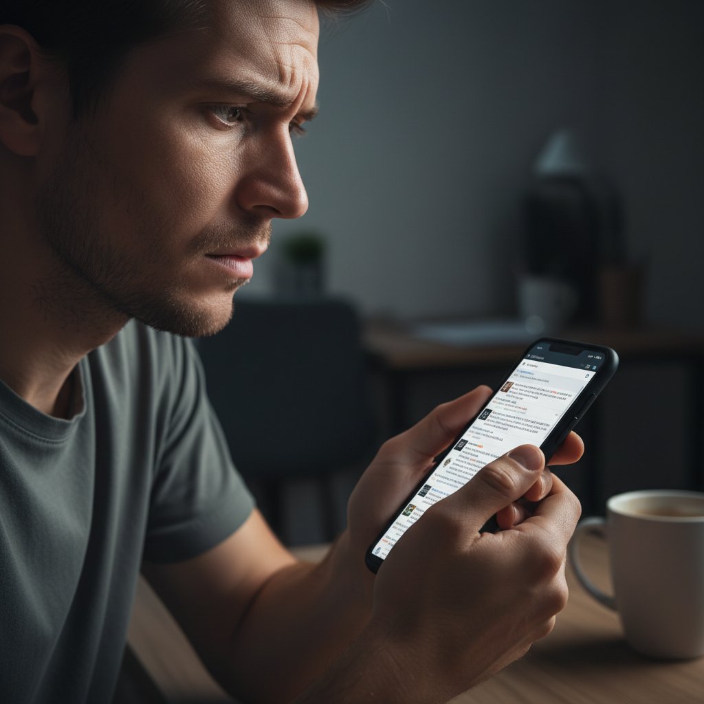 Osoba przeglądająca forum internetowe na smartfonie, z niepokojem na twarzy