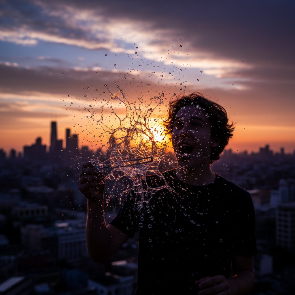 Osoba przebijająca bańkę mydlaną na tle miasta, metafora przełamywania iluzji suplementacyjnej, kontrastowa kolorystyka, miejski pejzaż w tle