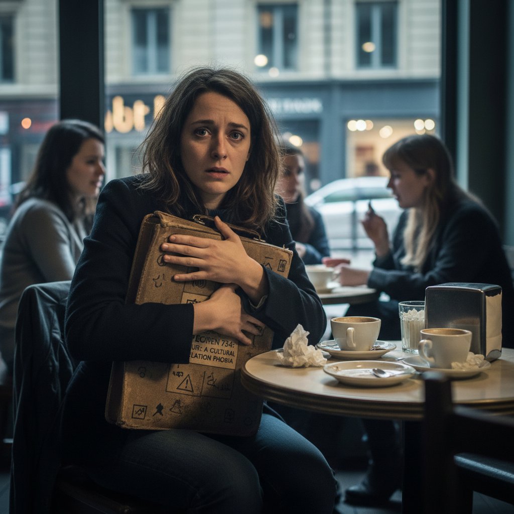 Osoba siedząca samotnie w kawiarni patrząca przez okno, zagubiona we własnych myślach