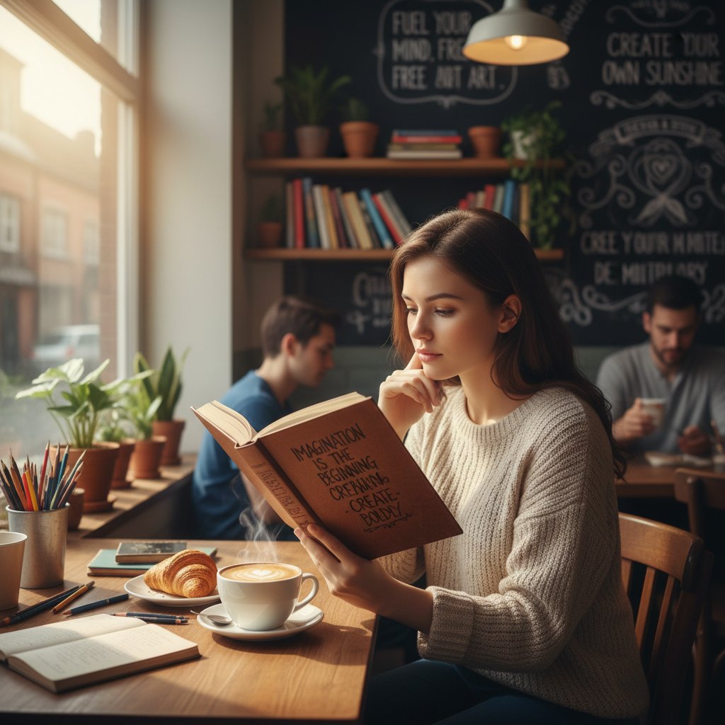 Osoba czytająca książkę w kawiarni otoczonej inspirującymi cytatami na ścianach