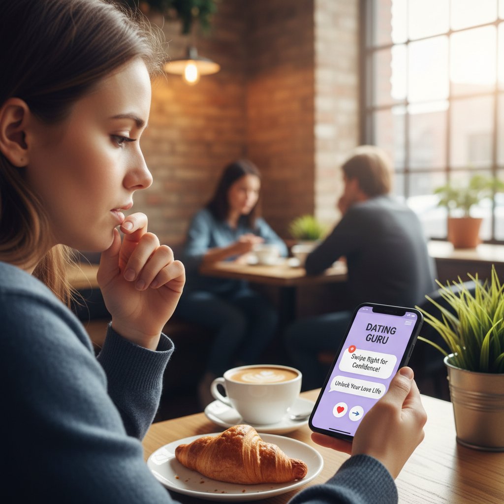 Individual considering dating advice options on smartphone, reflecting on seeking professional or AI help