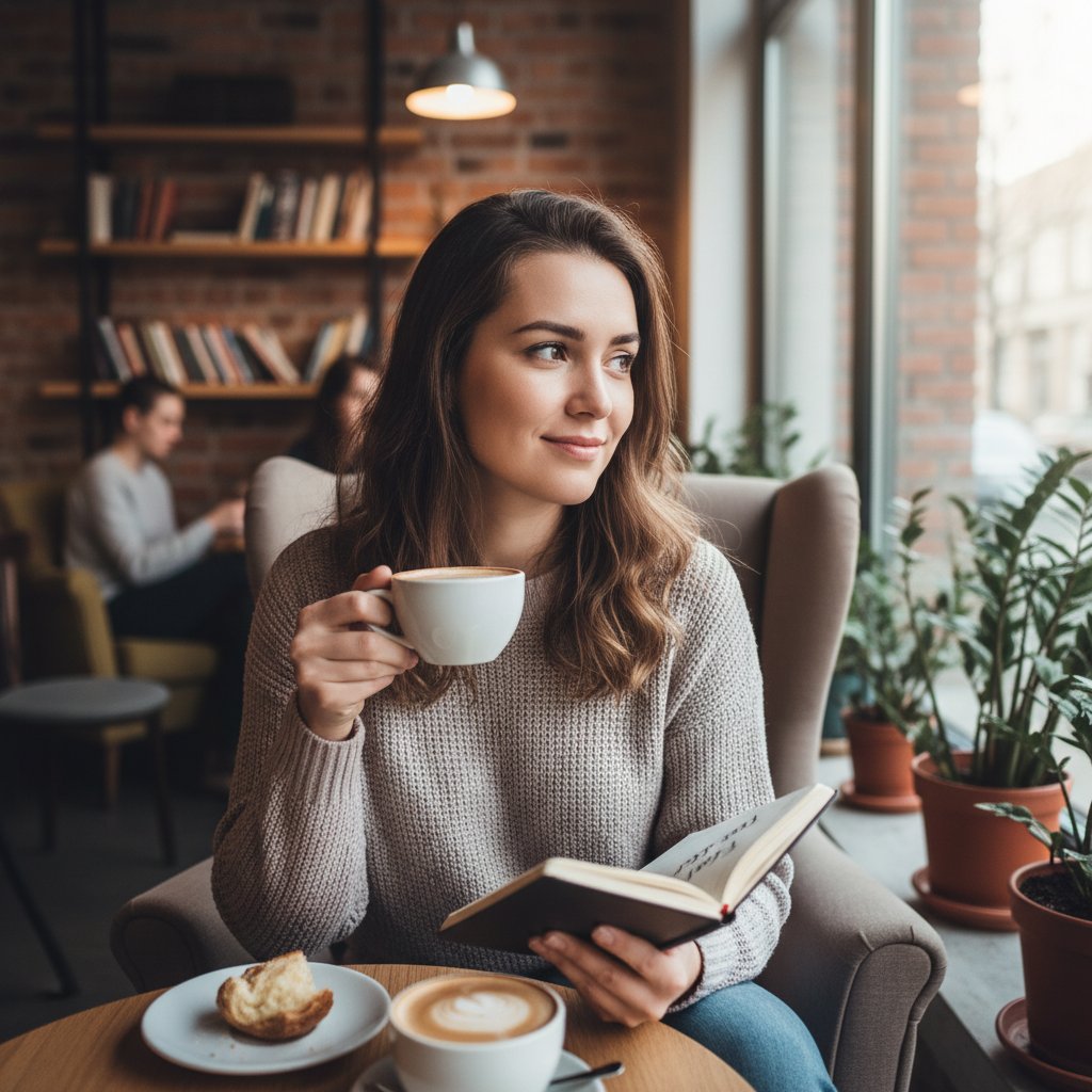 Osoba robiąca pierwszy krok do rozmowy z nieznajomym w kawiarni, widoczna determinacja