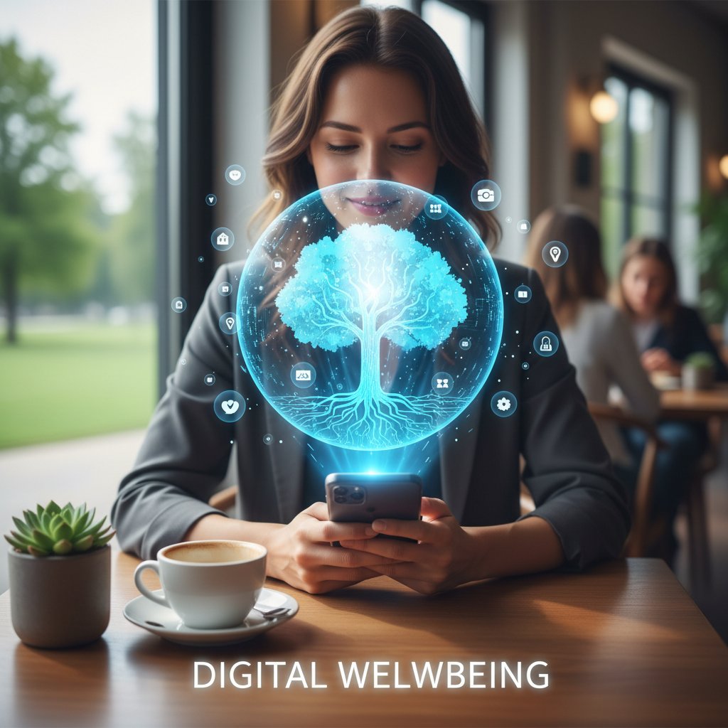 Osoba siedząca w kawiarni z telefonem, AI-towarzysz wyświetlony jako hologram, symbolizujący nowoczesne wsparcie psychiczne
