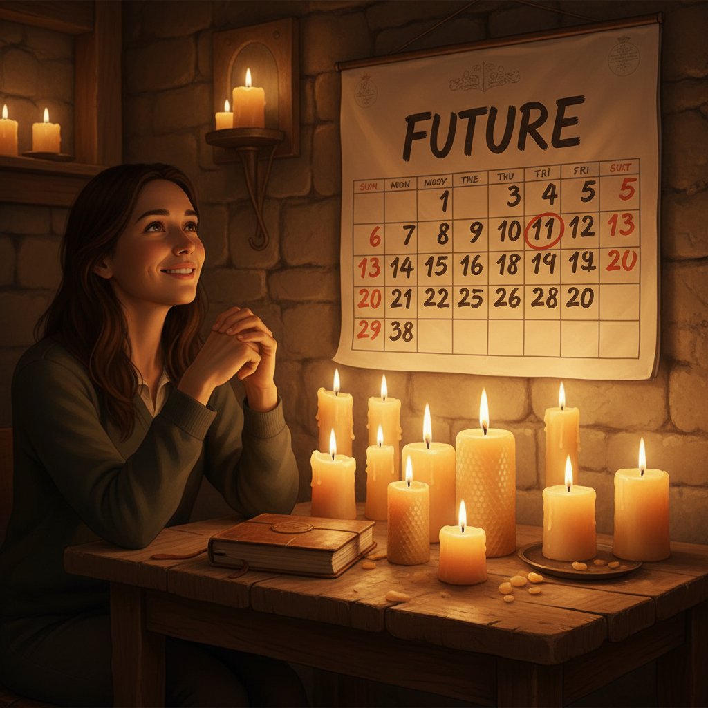Osoba próbująca zmienić swój los, patrząc na kalendarz w świetle świecy
