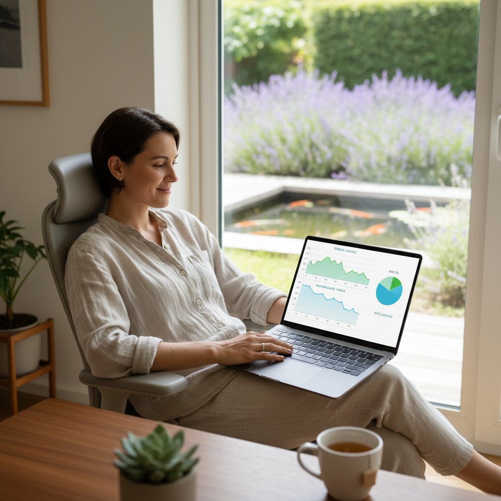 Osoba patrząca spokojnie na ekran laptopa z wykresami – symbol zredukowanego stresu dzięki automatyzacji