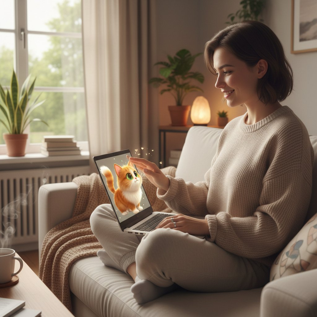 Osoba opiekująca się wirtualnym kotkiem na laptopie, uśmiechnięta w domowym zaciszu