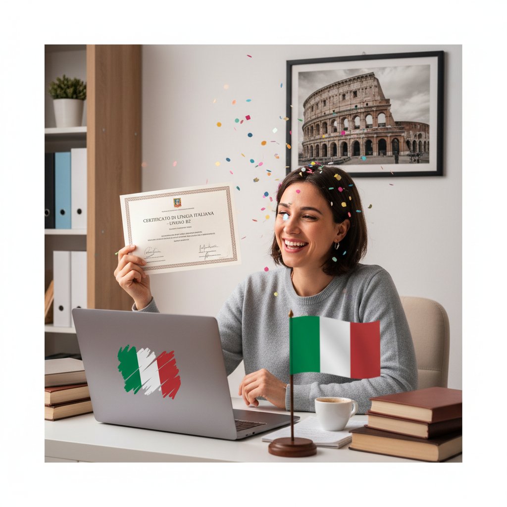 Osoba świętująca certyfikat języka włoskiego, laptop i włoska flaga
