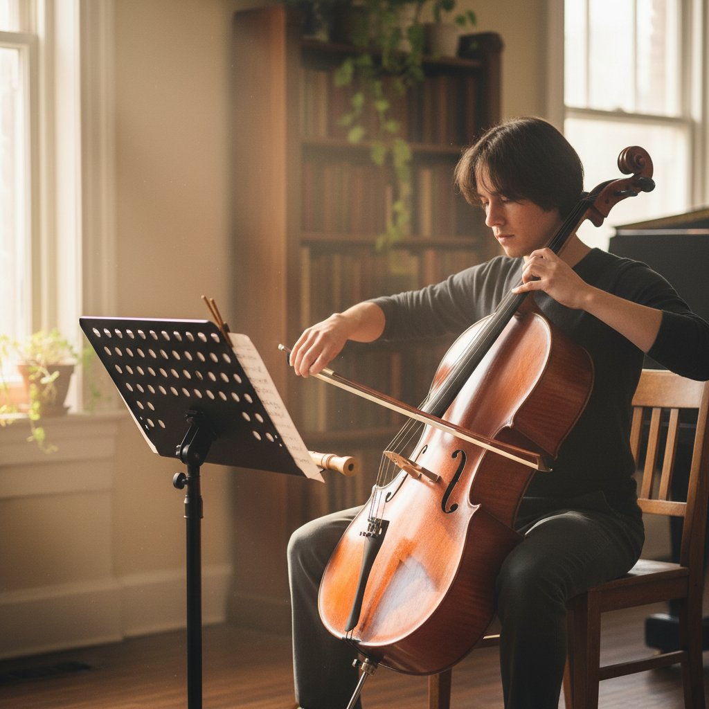 Osoba ćwicząca gamy na wiolonczeli przy naturalnym świetle, z nutami na pulpicie i dyktafonem
