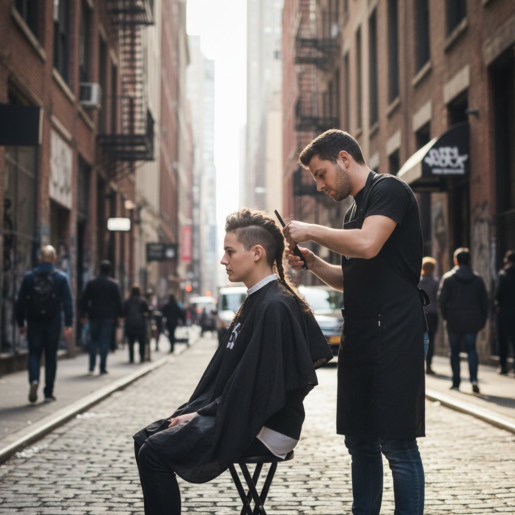 Osoba zmieniająca fryzurę na tle miejskim, alegoria przemiany i rozwoju swoistości