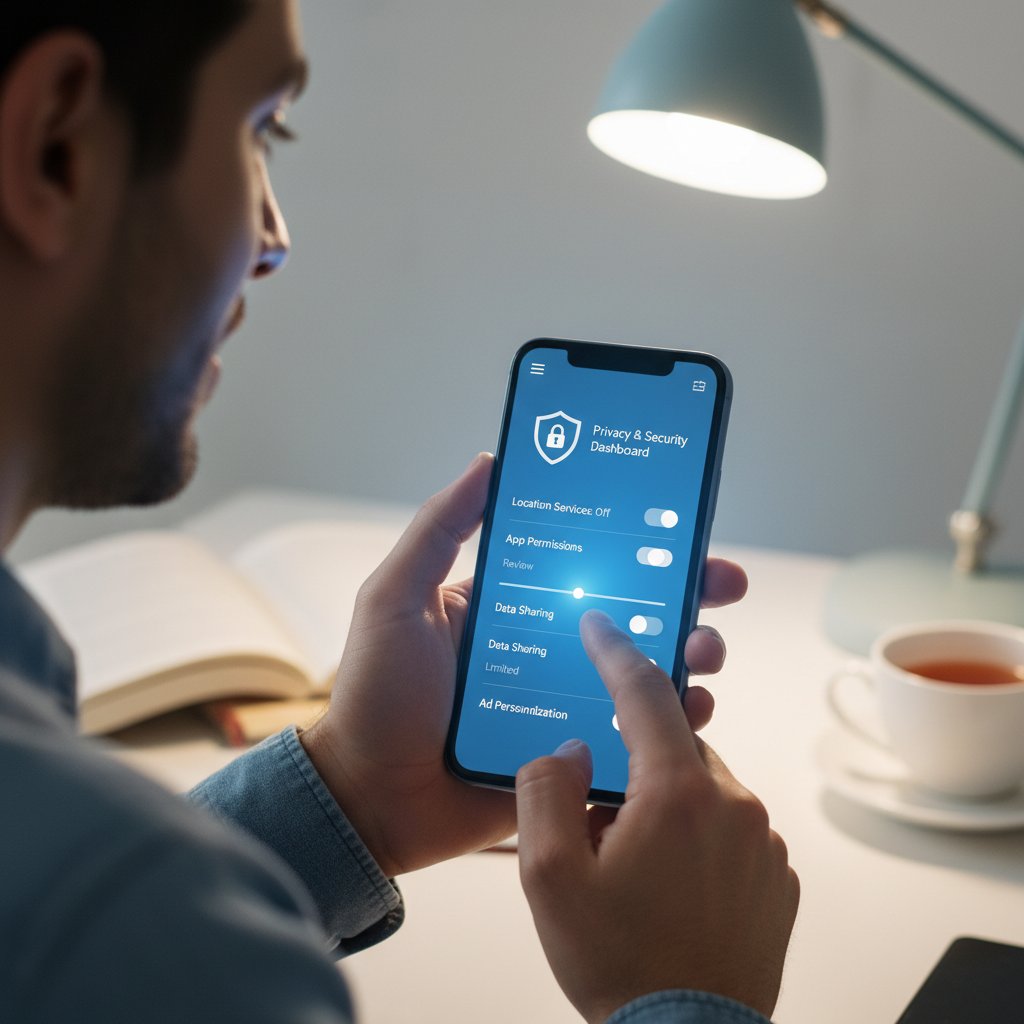 Osoba zmieniająca ustawienia prywatności na ekranie smartfona, bezpieczeństwo online