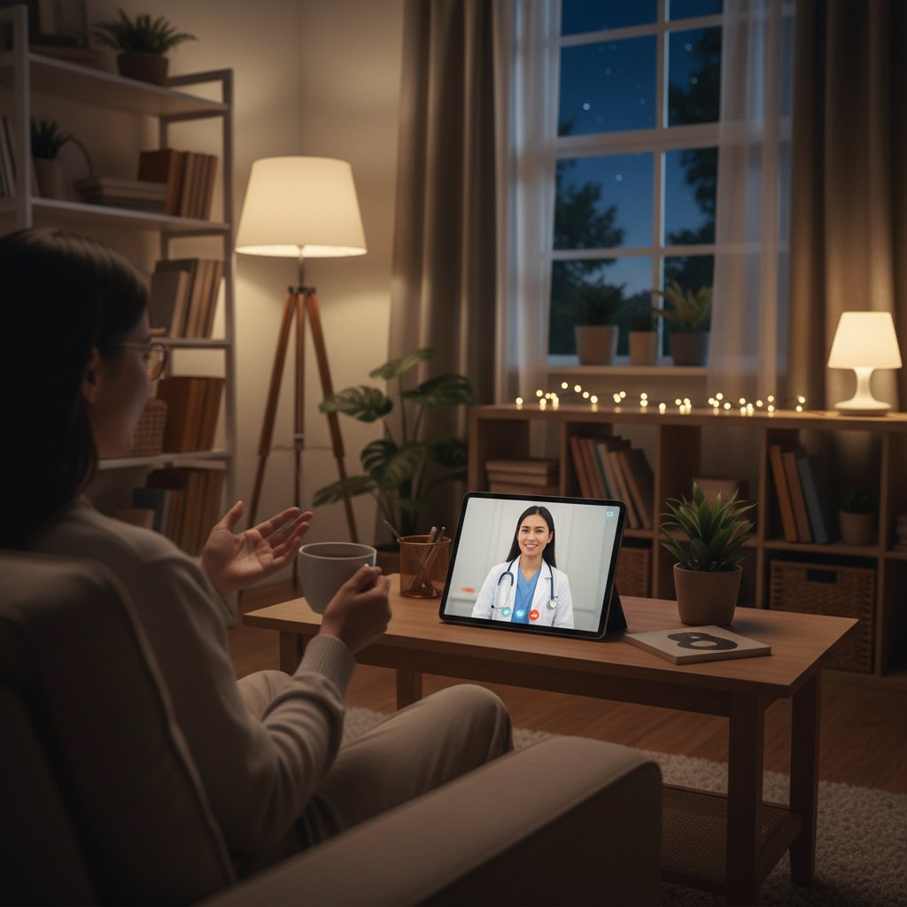 Osoba korzystająca z chatu medycznego na smartfonie, wieczór, domowa atmosfera; klimat: dostępność, temat: asystent medyczny online