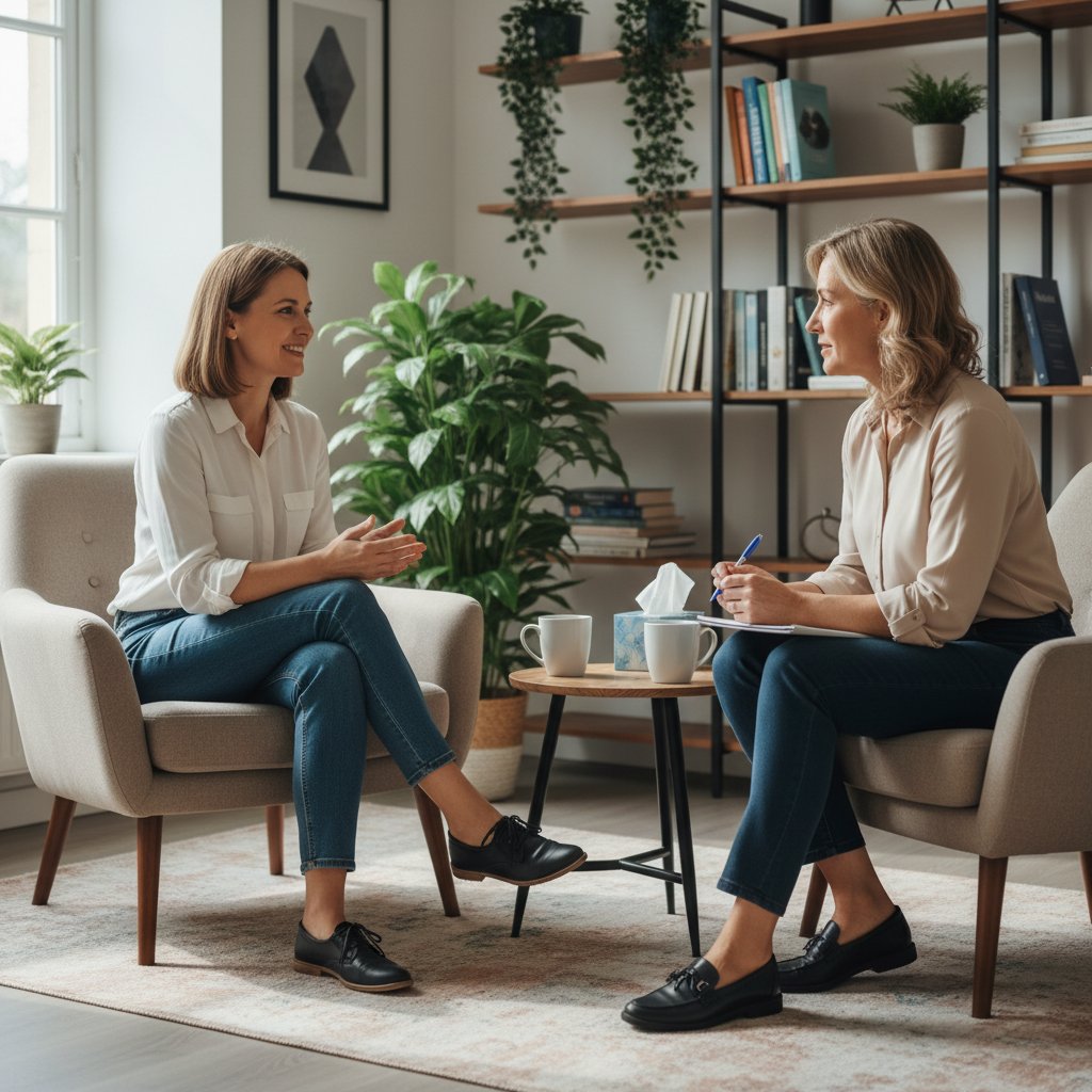 Osoba rozmawiająca przez czat z psychologiem, wyraz ulgi na twarzy