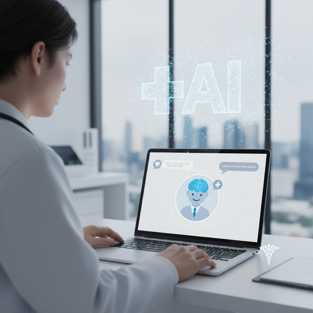 Osoba rozmawiająca z chatbotem na laptopie, w tle symbol AI i motyw opieki zdrowotnej