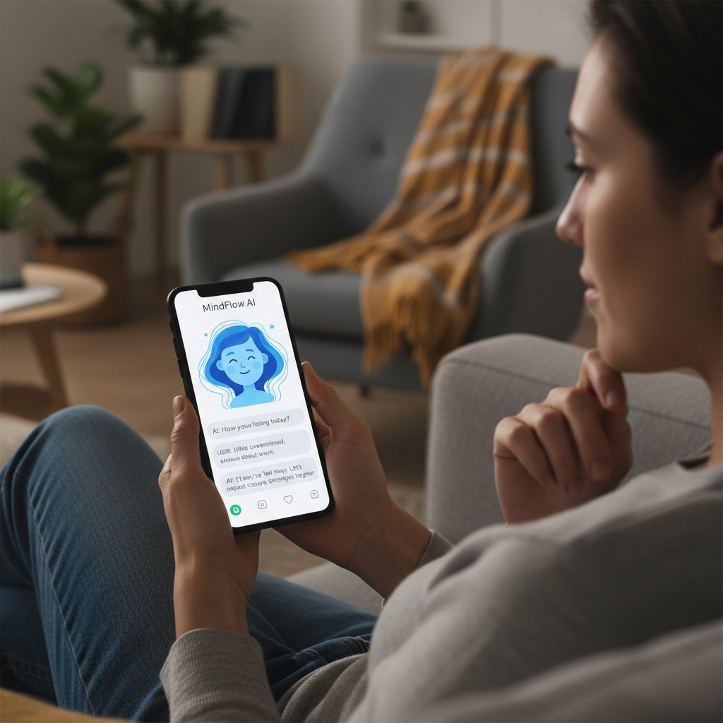 Osoba rozmawiająca z AI na smartfonie, symbol wsparcia psychicznego przez nowoczesną technologię