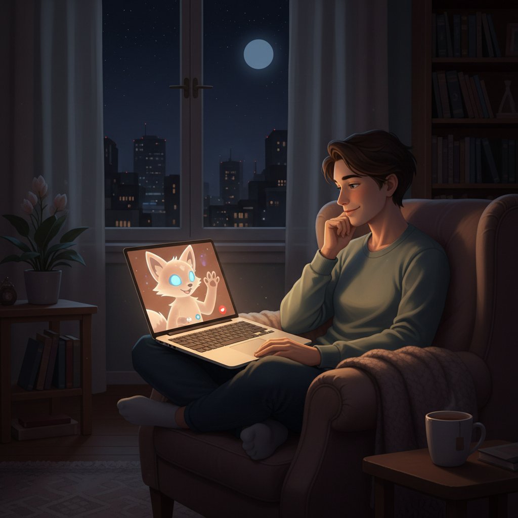 Symbolische Darstellung: Person, die mit einer digitalen Begleiterin am Laptop chattet und dabei Trost findet