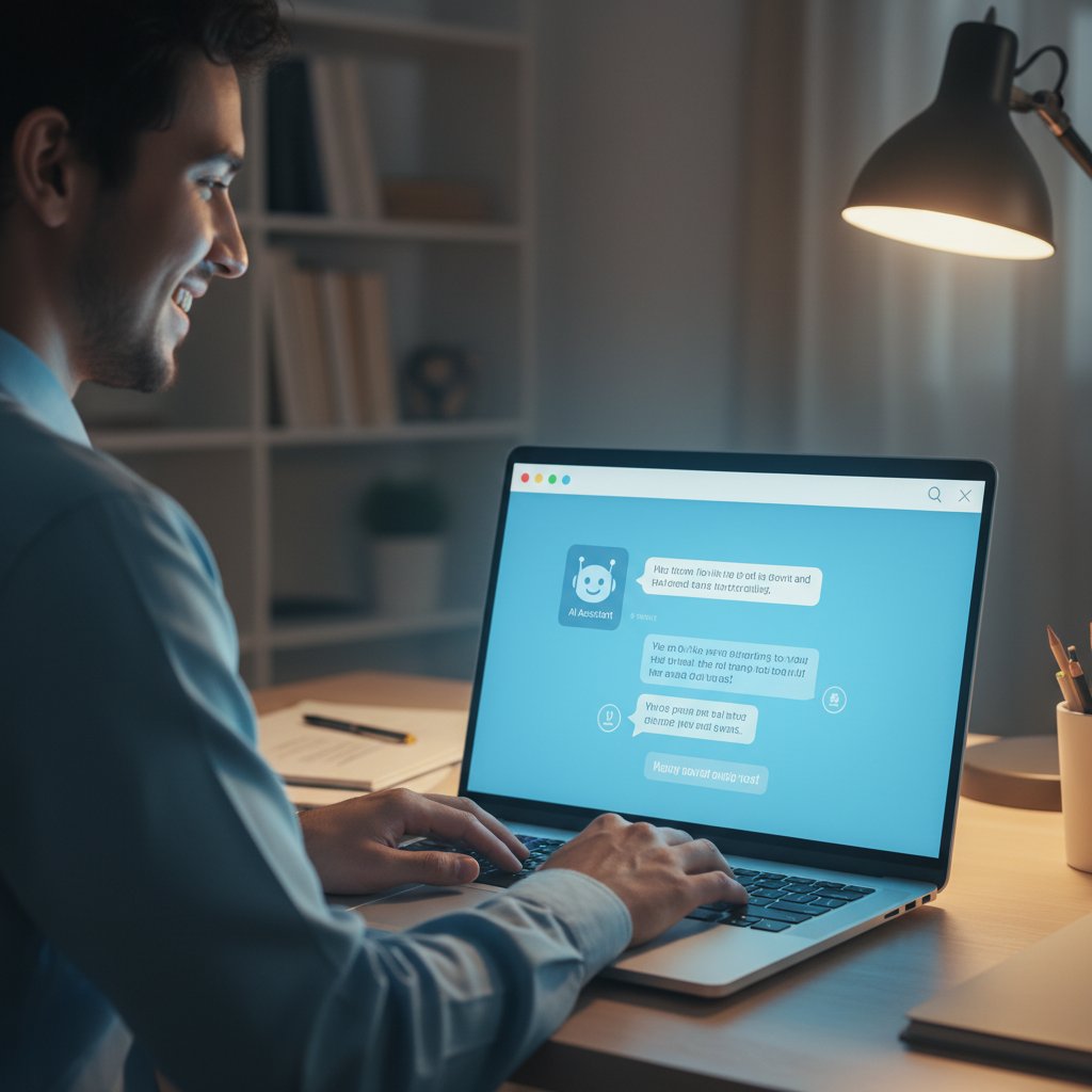 Osoba rozmawiająca z AI na laptopie, uśmiech, światło ekranu, symbol wsparcia online