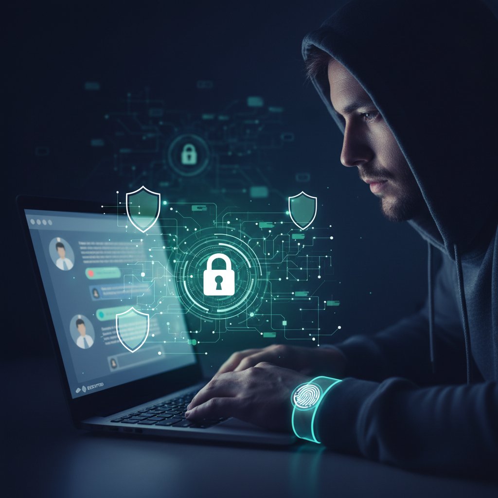 Osoba korzystająca z czata na laptopie, z wyraźnym naciskiem na prywatność i anonimowość