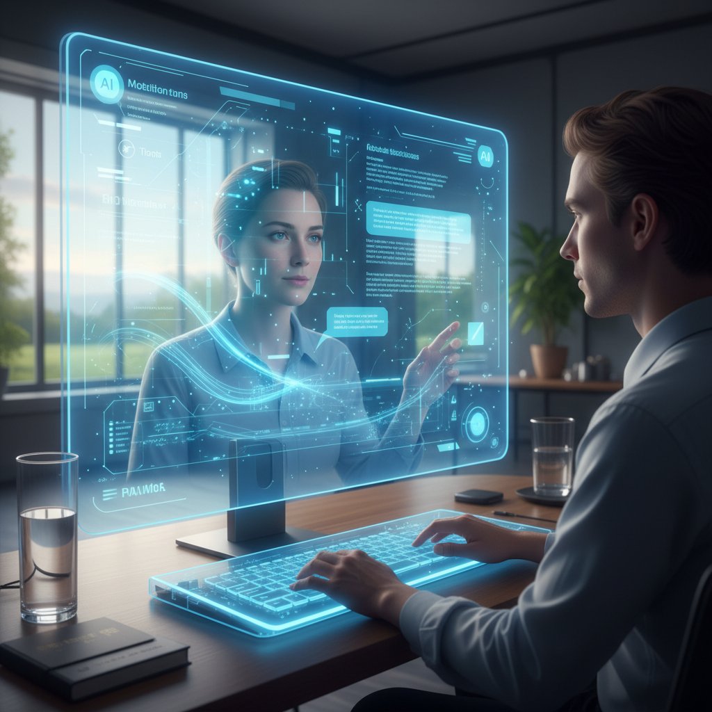 Osoba prowadząca rozmowę z AI na komputerze, atmosfera refleksji i otwartości