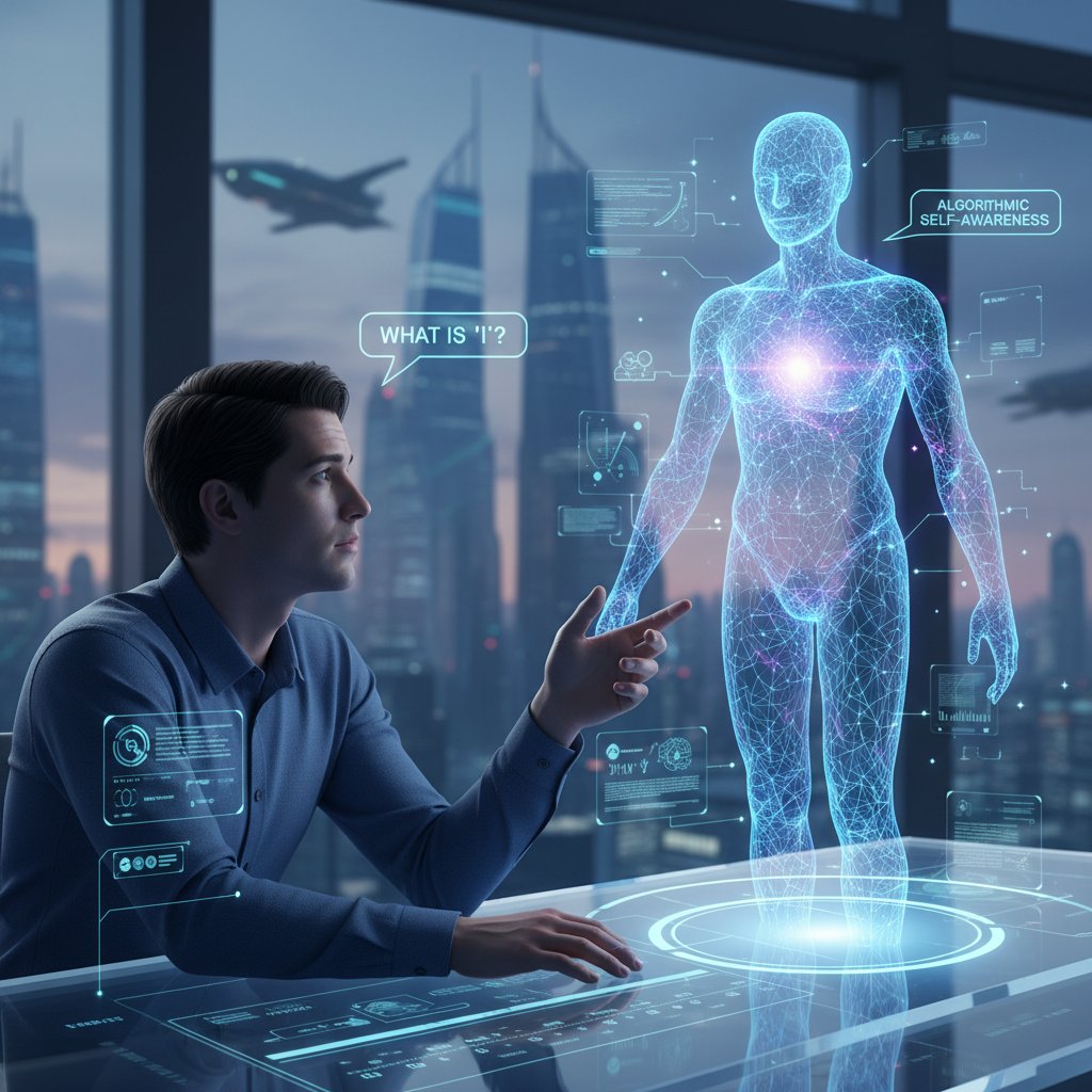Osoba rozmawiająca z AI na ekranie komputera o granicach świadomości