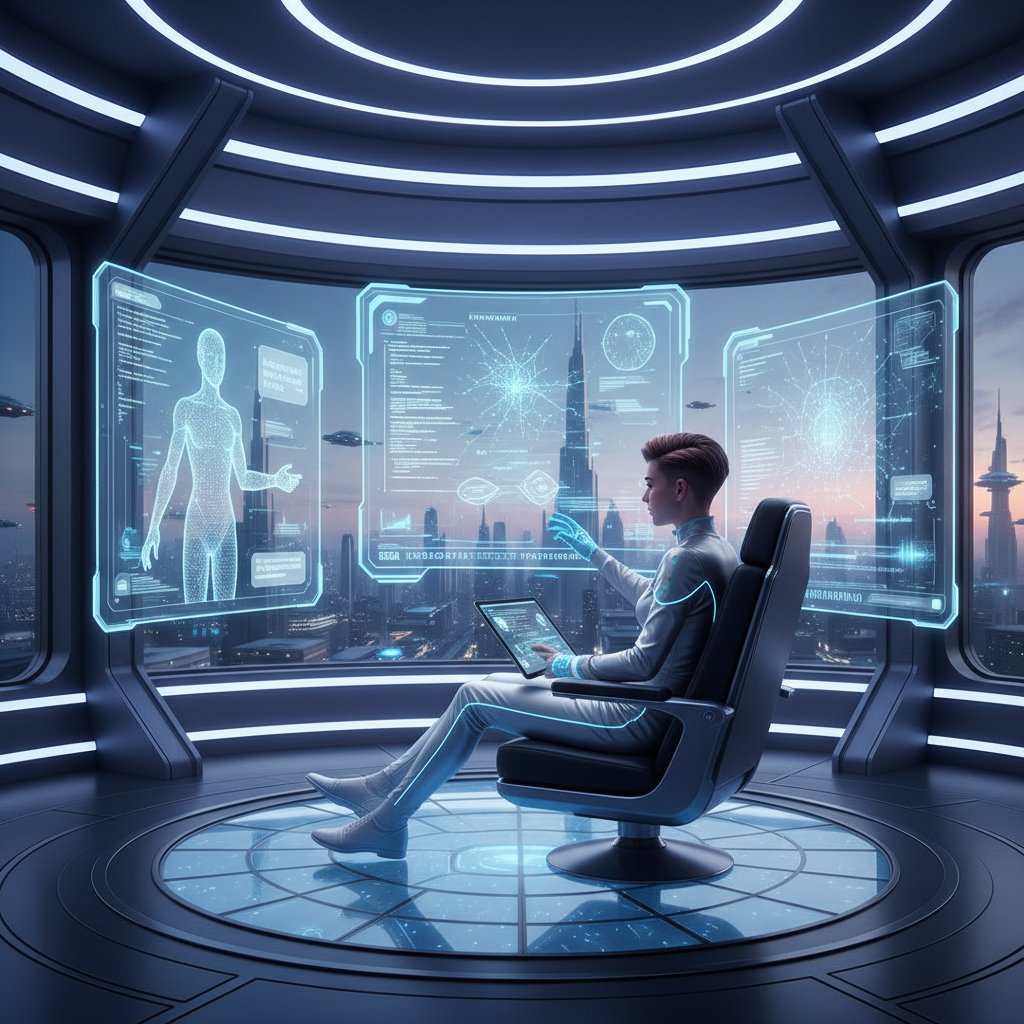 Nowoczesna scena: osoba rozmawiająca z AI przez laptopa, futurystyczny pokój, ekrany z czatem