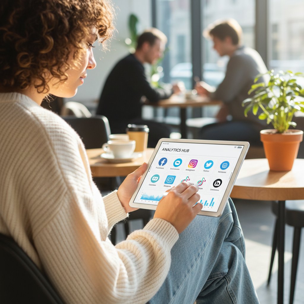 Osoba odhaczająca checklistę wyboru narzędzi social media na tablecie