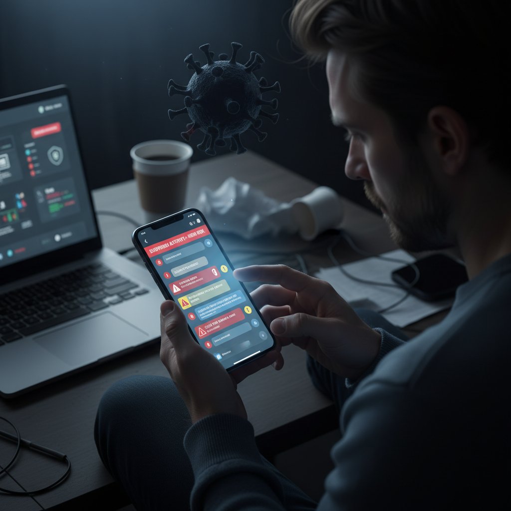 Osoba przeglądająca podejrzane wiadomości na czacie, symbolizująca ryzyko wyłudzeń