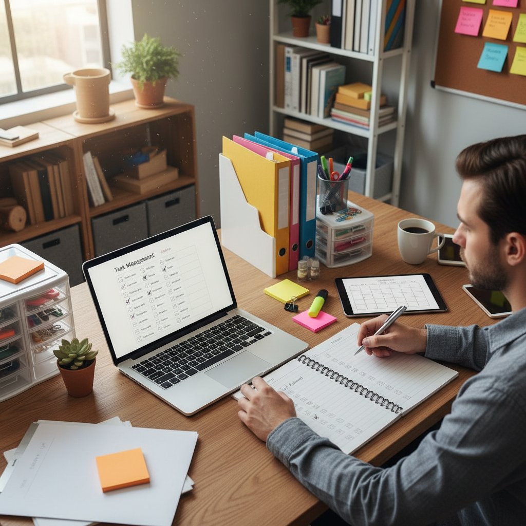 Osoba sprawdzająca checklistę na ekranie laptopa, notatnik, atmosfera organizacyjna