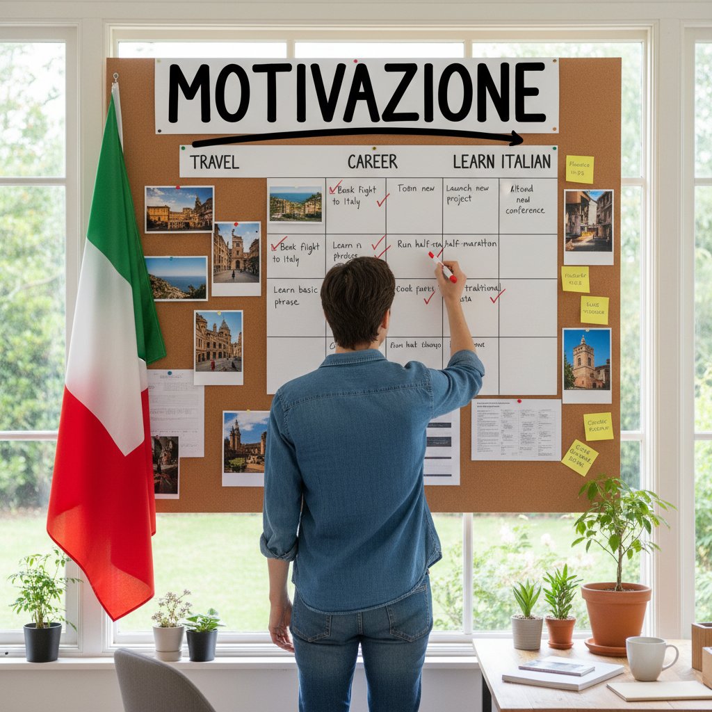 Osoba odhaczająca cele na tablicy, włoska flaga w tle, motywacyjny klimat