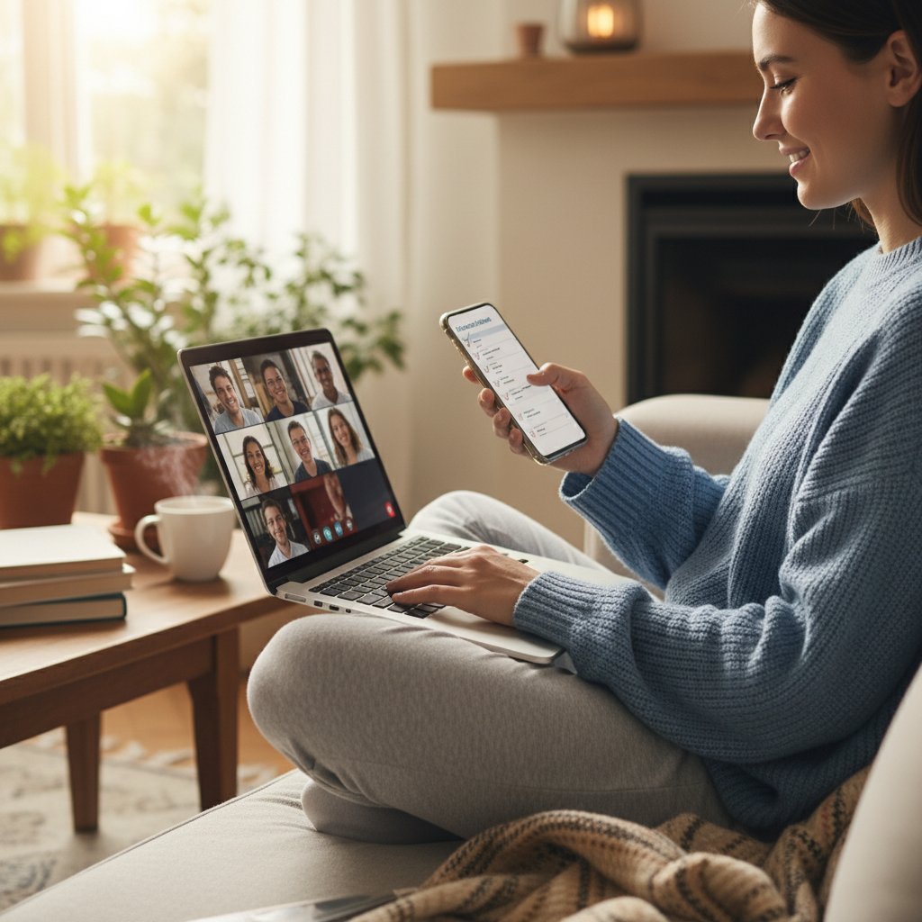 Osoba odhaczająca checklistę na smartfonie, relaks w domowym zaciszu, otwarty laptop z czatem