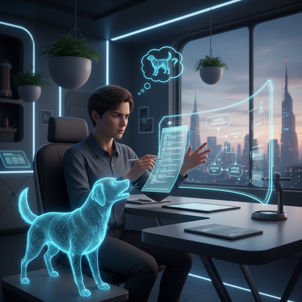 Osoba odhaczająca zadania na tablecie, obok wirtualny piesek wyświetlany na ekranie