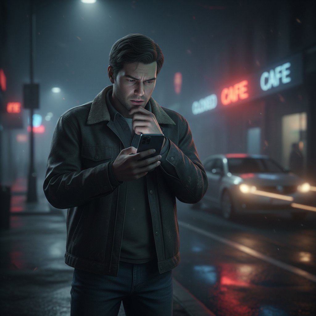 Person hält nachts ihr Smartphone, wirkt nachdenklich und sucht Hoffnung beim Online Wahrsager Test