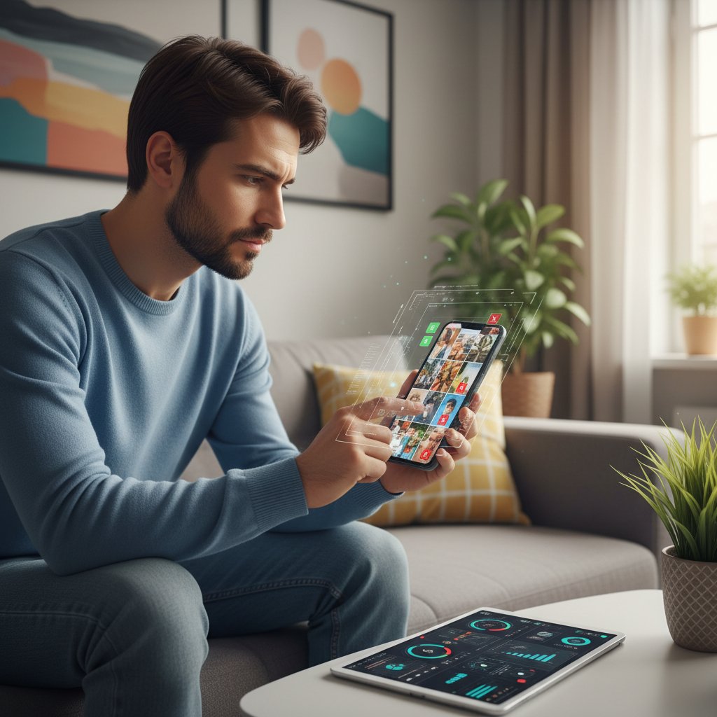 Osoba przeglądająca zdjęcia na smartfonie i analizująca je pod kątem autentyczności AI