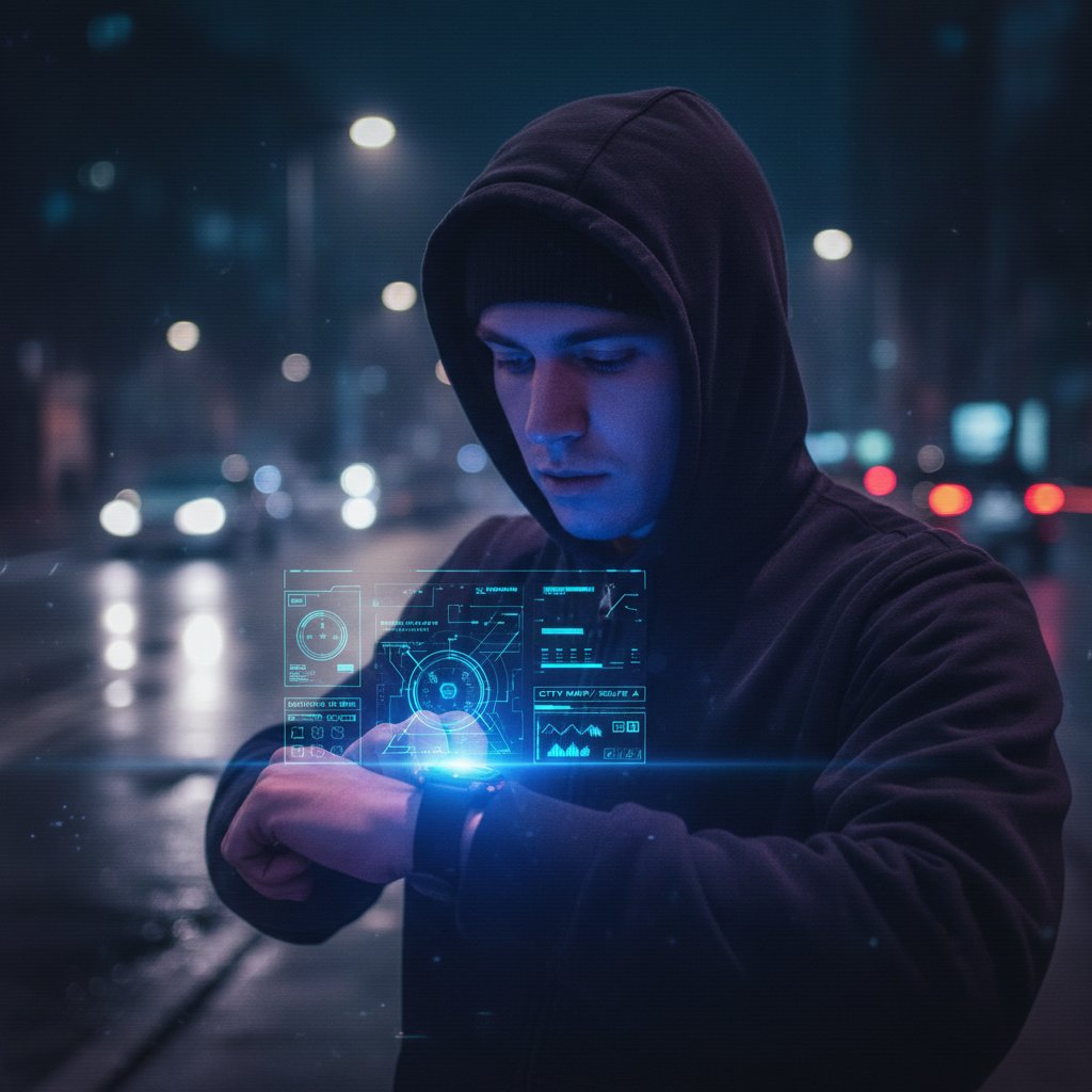 Osoba sprawdzająca zegarek analizujący sen i rytm dobowy, dane cyfrowe na ekranie