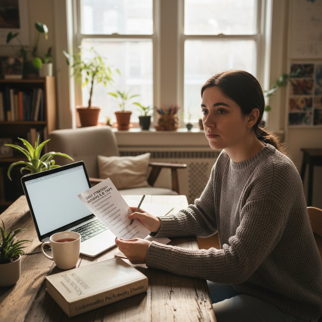 Osoba odhaczająca punkty na liście zadań, symbolizująca codzienne strategie radzenia sobie z AvPD