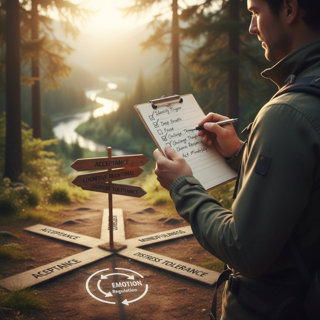 Osoba z checklistą na rozdrożu, symbolicznie decydująca o regulacji afektu