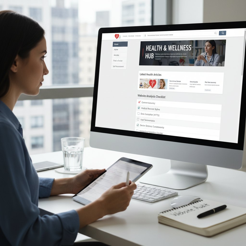 Ilustracja: osoba z checklistą w ręku analizująca stronę internetową o zdrowiu
