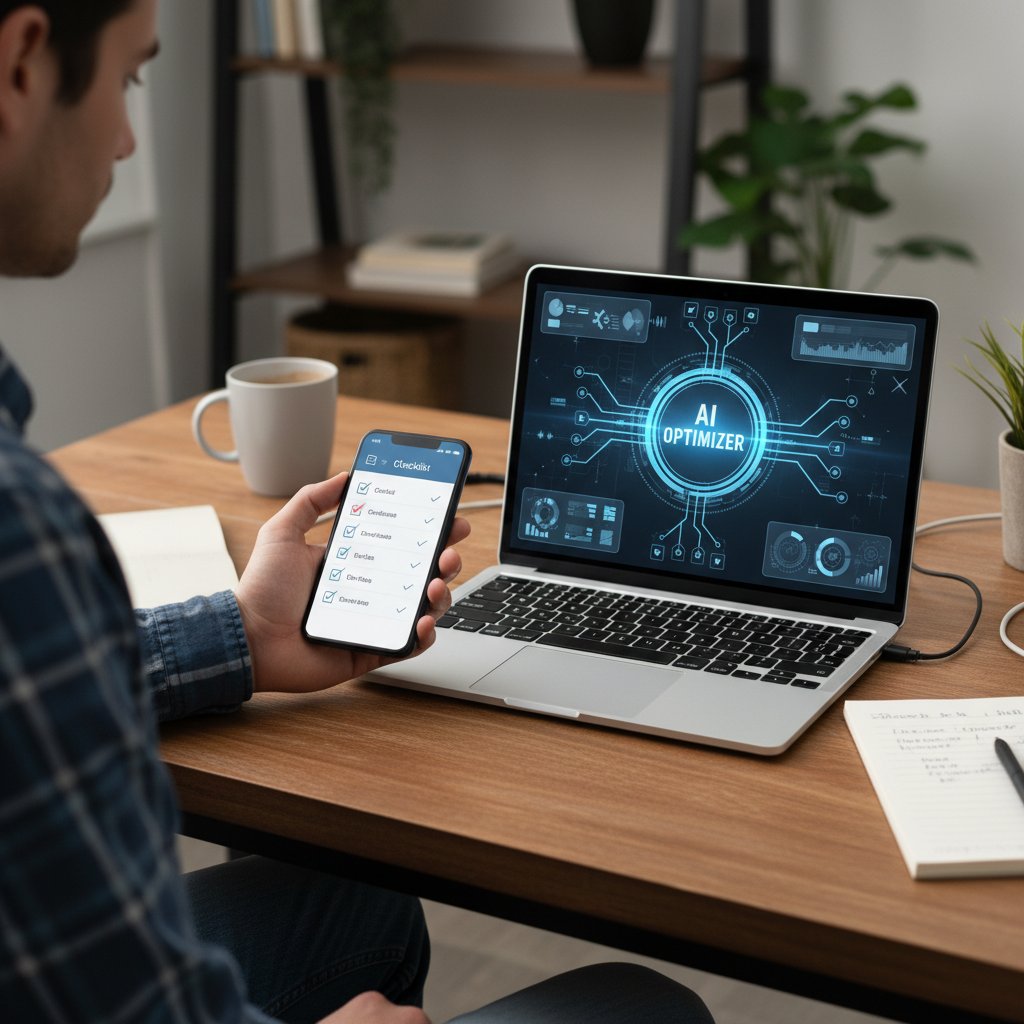 Osoba zaznaczająca checklistę na smartfonie, obok laptop z otwartą aplikacją AI – życie algorytmiczne
