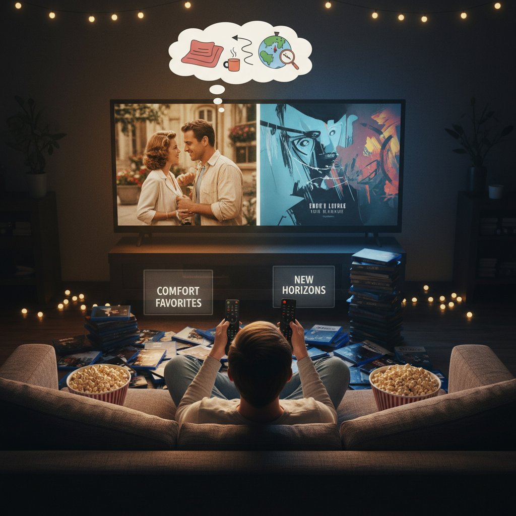 A person choosing between two movie posters—one familiar, one adventurous—reflecting the tension between comfort and discovery