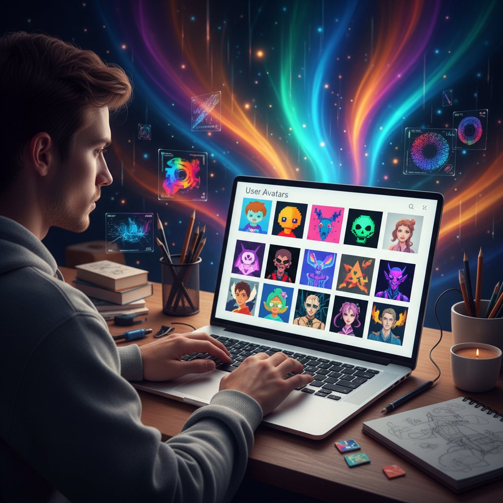 Osoba wybierająca styl avatara na nowoczesnym laptopie, tło w kolorowych barwach, atmosfera twórcza