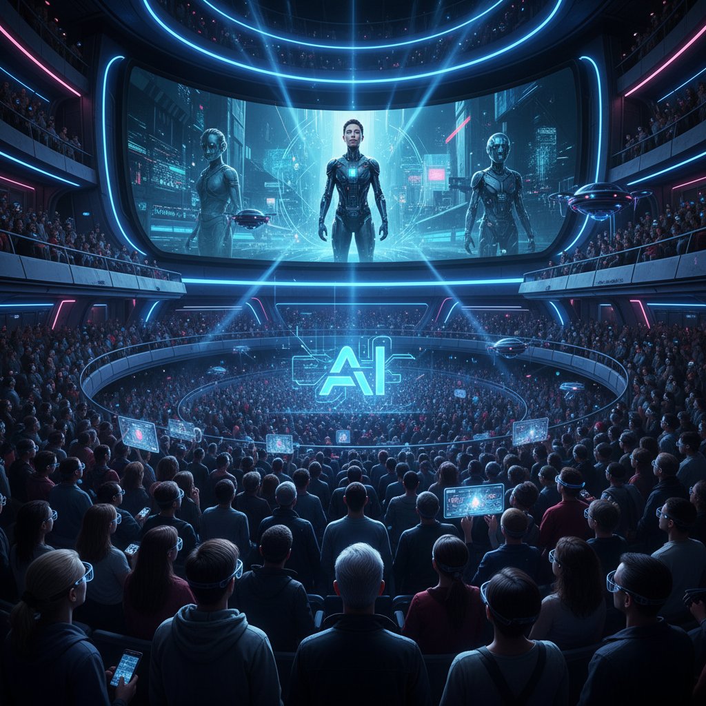 Zdjęcie osoby oglądającej film science fiction o AI w kinie z tłumem