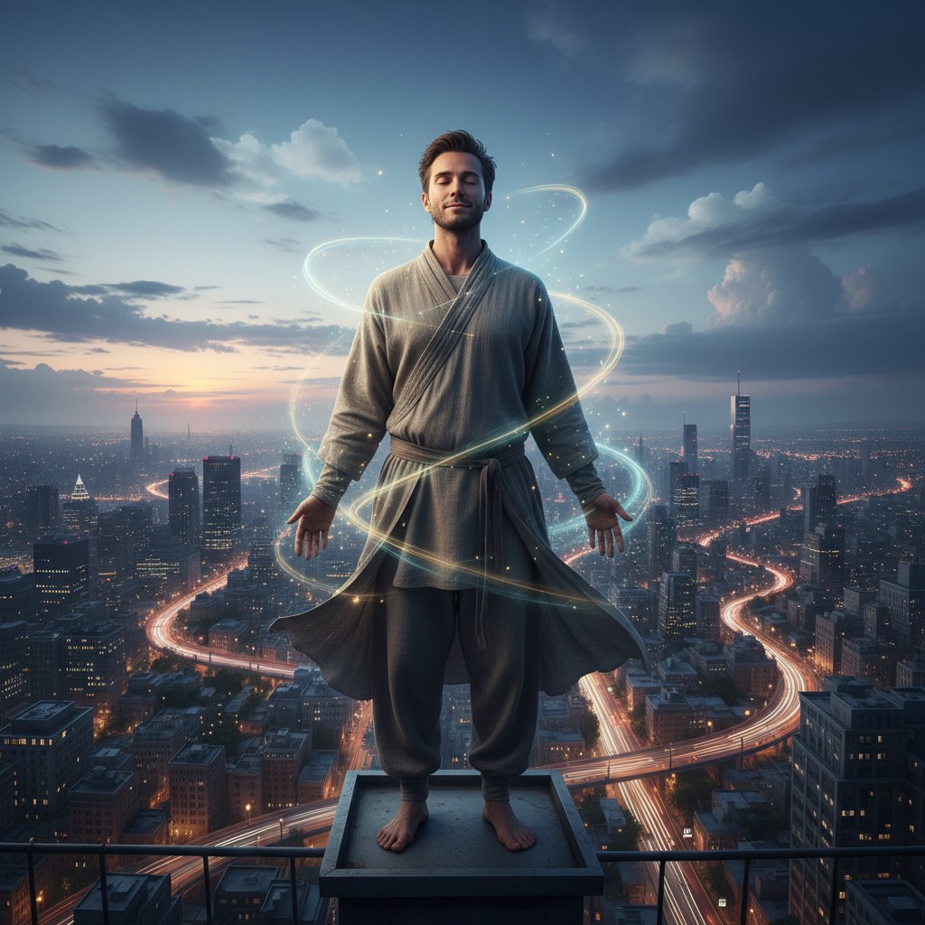 Osoba stojąca na tle miejskiego krajobrazu, wyprostowana, emanacja siły i spokoju po procesie integracji